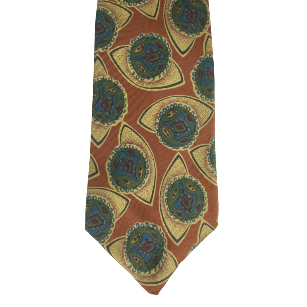 VTG Lavatelli Silk Tie Mens Rust Orange Green Paisley Medallion Italian 57x4